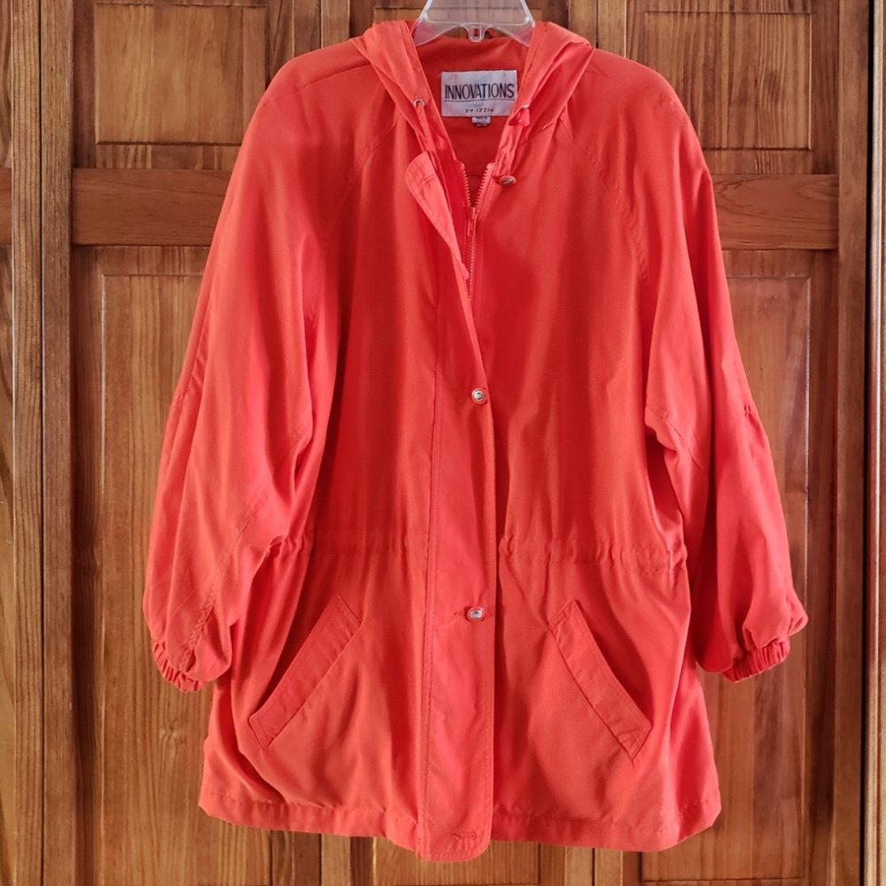 INNOVATIONS orange-red zip-up/button front hooded lightweight  jacket sz L woman